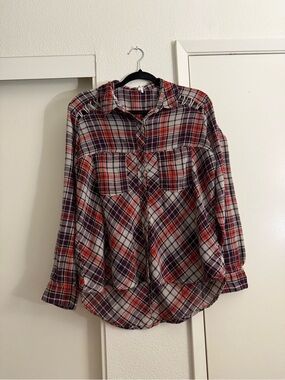 Free People Plaid Button-Up Shirt in Red, Purple, White